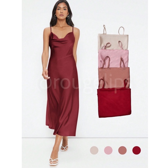 Burgundy Satin Cami Dress Midi Adjustable Spaghetti Straps - Picture 6 of 8